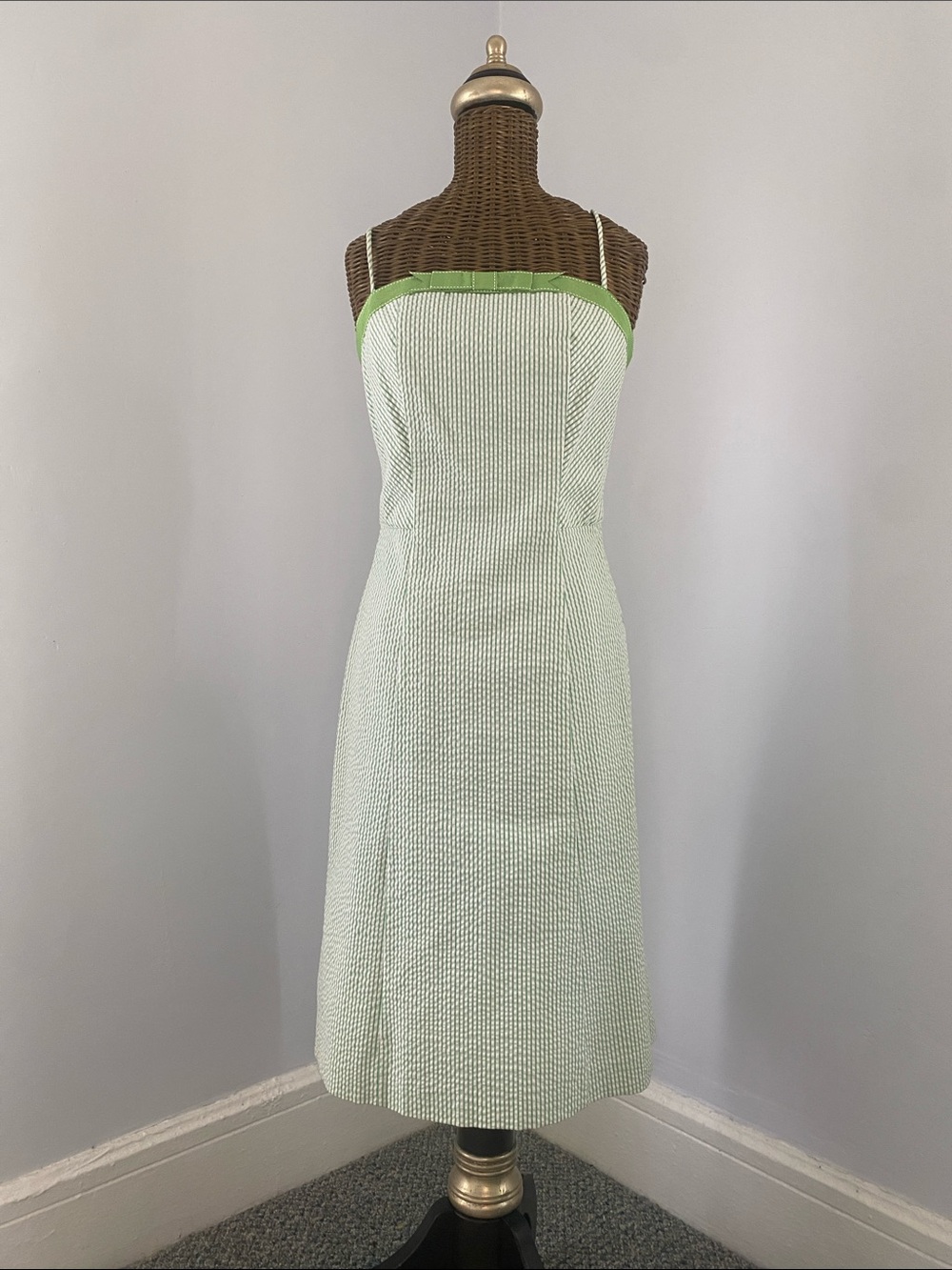 Isaac Mizrahi Pale Green Strapless Sheath Dress with Lime Trim